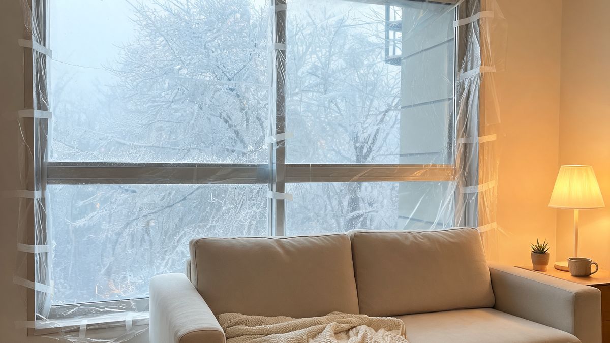 창문 전체에 방풍비닐을 붙여 외풍을 막은 겨울철 아파트 거실