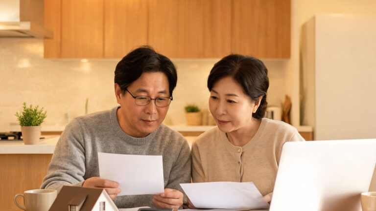 주택 구입 서류와 계산기로 내집 마련 자금계획을 확인하는 부부